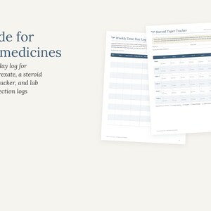 May include: Two white paper sheets featuring medical tracking forms. The text reads Made for RA medicines, A dose day log for methotrexate, a steroid taper tracker, and lab and injection logs. The forms include tables for weekly dose day logs and a steroid taper tracker with columns for days and weeks.