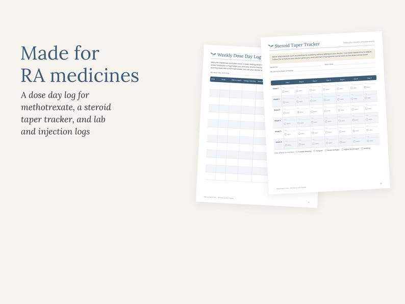 May include: Two white paper sheets featuring medical tracking forms. The text reads Made for RA medicines, A dose day log for methotrexate, a steroid taper tracker, and lab and injection logs. The forms include tables for weekly dose day logs and a steroid taper tracker with columns for days and weeks.