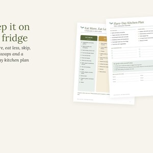 Puede incluir: Dos hojas de planificaci&oacute;n de cocina impresas con texto verde oscuro sobre papel blanco. La hoja de la izquierda se titula Eat More, Eat Less y presenta listas de alimentos. La hoja de la derecha se titula Flare-Day Kitchen Plan con ideas de comidas.