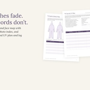 May include: Two white paper pages featuring dark purple text and graphics. The left page is titled Rash & Body Map with two human outlines. The right page is titled Sun & UV Plan with checklists and a log table. Text reads Rashes fade. Records don't.