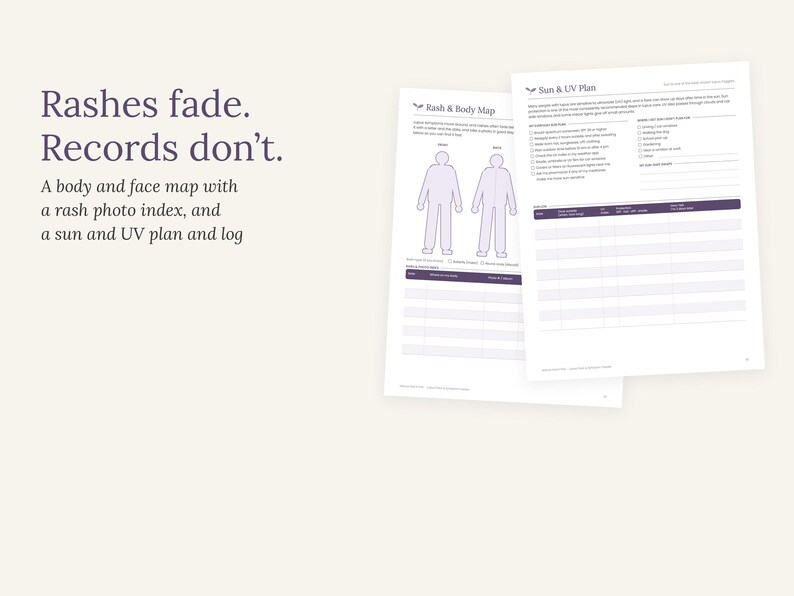 May include: Two white paper pages featuring dark purple text and graphics. The left page is titled Rash & Body Map with two human outlines. The right page is titled Sun & UV Plan with checklists and a log table. Text reads Rashes fade. Records don't.