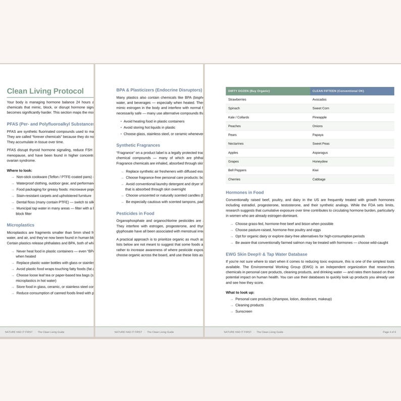 May include: A three-column informational document titled Clean Living Protocol. It details health risks from PFAS, BPA, plasticisers, synthetic fragrances, and pesticides. A table lists Dirty Dozen and Clean Fifteen foods, plus hormone advice.