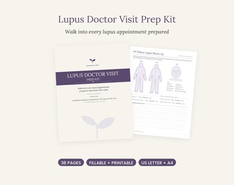 Peut inclure: Un kit de préparation pour rendez-vous médical sur le lupus de 38 pages, remplissable et imprimable aux formats US Letter et A4. La couverture porte le texte Lupus Doctor Visit Prep Kit et une icône de pousse. Une page montre un schéma corporel.