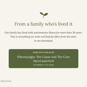 Puede incluir: Un gr&aacute;fico informativo de descarga digital con un peque&ntilde;o icono de brote verde. El texto dice: From a family who&rsquo;s lived it. Our family has lived with autoimmune illness for more than 30 years. This is everything we wish we&rsquo;d had for fibro from the start, in one download. Pairs with our book Fibromyalgia: The Cause and The Cure Signed paperback Available in our shop. Nature Had It First.