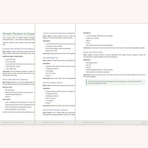 May include: A three-column document titled Simple Recipes to Support Your Cycle, featuring instructions and ingredient lists for overnight oats, milk kefir, turmeric tea, cannellini bean dip, hummus, a sardine bowl, and a simple wild salmon plate.