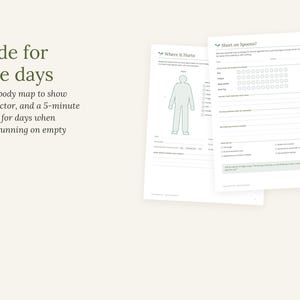 May include: Two white paper sheets featuring health tracking forms. The left sheet is titled Where It Hurts and includes a human body outline. The right sheet is titled Short on Spoons and contains symptom checklists and lines for written notes.