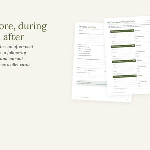 May include: Two white printed documents featuring dark green text and headers. One page is titled After the Visit with a checklist, while the other is titled Emergency Wallet Cards with fields for medical information. The text Before, during and after is visible.