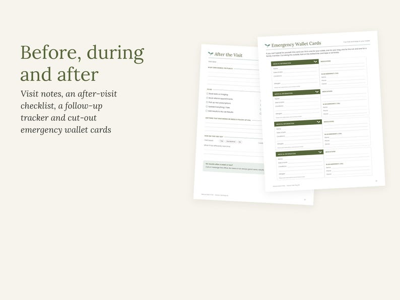 May include: Two white printed documents featuring dark green text and headers. One page is titled After the Visit with a checklist, while the other is titled Emergency Wallet Cards with fields for medical information. The text Before, during and after is visible.