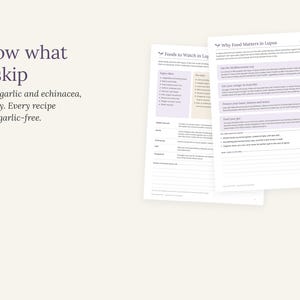 May include: Two informational sheets titled Know what to skip and Why Food Matters in Lupus. The text lists dietary advice, including foods to avoid like alfalfa, garlic, and echinacea, and provides nutritional guidance for managing lupus symptoms.