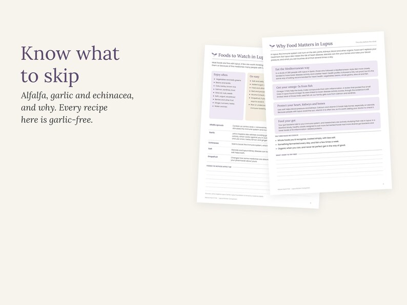 May include: Two informational sheets titled Know what to skip and Why Food Matters in Lupus. The text lists dietary advice, including foods to avoid like alfalfa, garlic, and echinacea, and provides nutritional guidance for managing lupus symptoms.