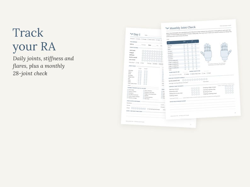 May include: Two white paper sheets featuring a rheumatoid arthritis tracking system. The text reads Track your RA, Daily joints, stiffness and flares, plus a monthly 28-joint check. The forms include checkboxes, rating scales, and a hand diagram.