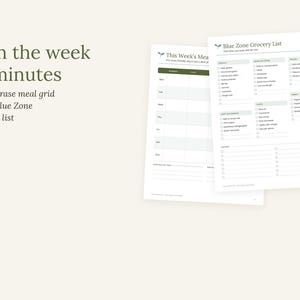 Pu&ograve; includere: Due fogli di carta bianchi con una griglia per la pianificazione dei pasti e una lista della spesa Blue Zone. Il testo recita Plan the week in minutes, A dry-erase meal grid and a Blue Zone grocery list, This Week's Meal e Blue Zone Grocery List.