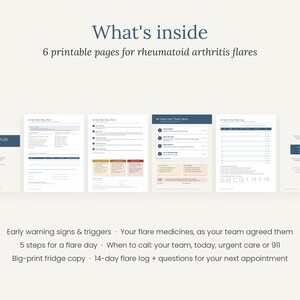 May include: Six printable pages for rheumatoid arthritis flares, including an RA Flare Day Plan, flare day steps, and a 14-day flare log. The documents feature dark blue headers, organized text sections, and a small sprout icon on the cover page.