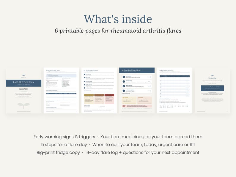 May include: Six printable pages for rheumatoid arthritis flares, including an RA Flare Day Plan, flare day steps, and a 14-day flare log. The documents feature dark blue headers, organized text sections, and a small sprout icon on the cover page.