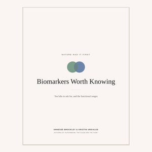 May include: A book cover with a cream background featuring the text Nature Had It First, Biomarkers Worth Knowing, Ten labs to ask for, and the functional ranges, and Annesse Brockley & Kristin Urdiales, with a green and blue overlapping circle icon.