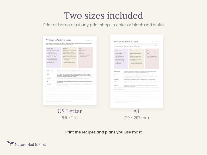 May include: Two digital information sheets titled Foods to Watch in Lupus, presented in US Letter 8.5 x 11 inch and A4 210 x 297 mm sizes. The documents feature color-coded columns for food categories, bulleted lists, and lined sections for notes.