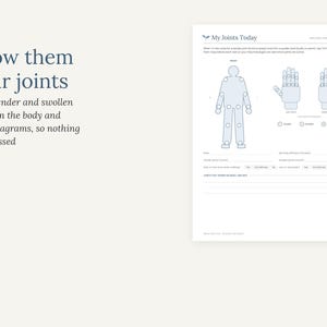 Puede incluir: Una hoja de seguimiento m&eacute;dico blanca titulada My Joints Today que presenta un esquema del cuerpo humano y diagramas de manos para marcar articulaciones doloridas o hinchadas. La p&aacute;gina incluye l&iacute;neas para registrar rigidez y dolor.