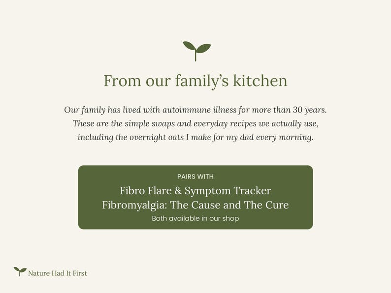 May include: A cream-coloured informational graphic featuring a dark green sprout icon and the text: From our family's kitchen. Our family has lived with autoimmune illness for more than 30 years. These are the simple swaps and everyday recipes we actually use, including the overnight oats I make for my dad every morning. A dark green box contains the text: PAIRS WITH Fibro Flare & Symptom Tracker Fibromyalgia: The Cause and The Cure Both available in our shop. The bottom left corner displays the text: Nature Had It First.