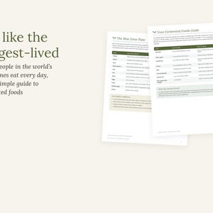 May include: Two informational sheets titled Eat like the longest-lived, The Blue Zone Plate, and Your Fermented Foods Guide. The documents feature dark green text on white paper, outlining dietary habits and fermented food recommendations.