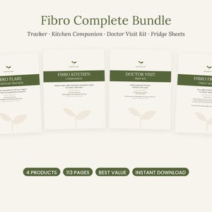 Puede incluir: Un Fibro Complete Bundle que incluye cuatro documentos titulados Fibro Flare & Symptom Tracker, Fibro Kitchen Companion, Doctor Visit Prep Kit y Fibro Fridge Cheat Sheets. Cada p&aacute;gina tiene un encabezado verde oscuro y texto.