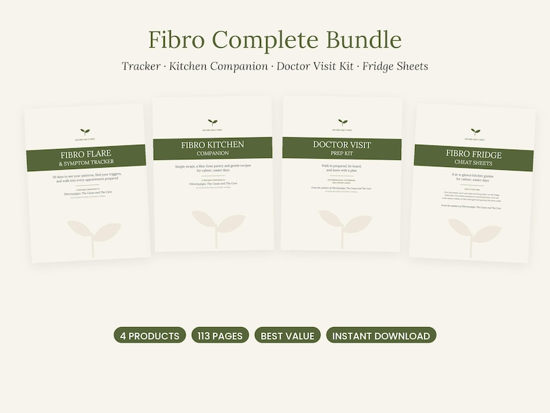 Puede incluir: Un Fibro Complete Bundle que incluye cuatro documentos titulados Fibro Flare & Symptom Tracker, Fibro Kitchen Companion, Doctor Visit Prep Kit y Fibro Fridge Cheat Sheets. Cada p&aacute;gina tiene un encabezado verde oscuro y texto.
