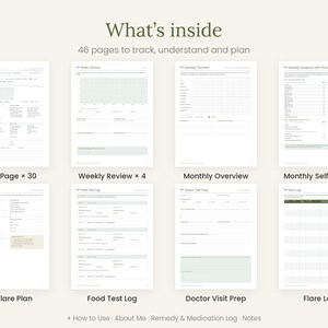 May include: A digital planner set containing 46 pages to track, understand, and plan. The layout includes a Daily Page, Weekly Review, Monthly Overview, Monthly Self-Check, My Flare Plan, Food Test Log, Doctor Visit Prep, and Flare Log.