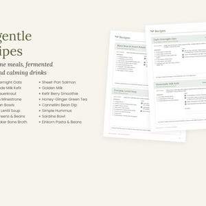 May include: A collection of 16 gentle recipes for Blue Zone meals, fermented foods, and calming drinks. The text lists items like Dad's Overnight Oats and Sheet-Pan Salmon. Two printed recipe pages are shown, featuring detailed instructions.