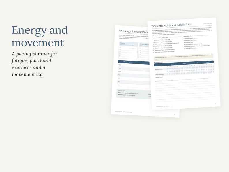 May include: Two white paper pages titled Energy & Pacing Planning and Gentle Movement & Hand Care. The text includes lists for exercises, a weekly movement log, and pacing tips. The layout features dark blue headers and organised sections for tracking.
