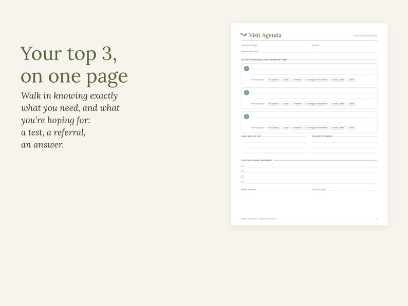 May include: A white paper medical visit agenda form with dark green text. The header reads Visit Agenda. It includes sections for date, provider, and three numbered slots for concerns, each with checkboxes for status. There are lines for notes, questions, and follow-up details.