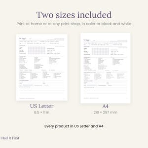 Peut inclure: Deux feuilles de planning quotidien imprimables avec des sections pour suivre les habitudes, les repas et les notes. Une feuille est au format US Letter 8,5 x 11 pouces, l'autre au format A4 210 x 297 mm. Texte : Two sizes included et Nature Had It First.