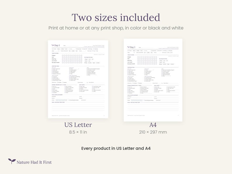 Peut inclure: Deux feuilles de planning quotidien imprimables avec des sections pour suivre les habitudes, les repas et les notes. Une feuille est au format US Letter 8,5 x 11 pouces, l'autre au format A4 210 x 297 mm. Texte : Two sizes included et Nature Had It First.