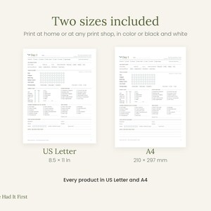 Puede incluir: Dos hojas de planificador diario imprimibles con secciones para rastrear h&aacute;bitos, comidas y tareas diarias. El texto dice Two sizes included, US Letter 8.5 x 11 in, A4 210 x 297 mm y Nature Had It First. El dise&ntilde;o es en blanco y negro sobre un fondo claro.