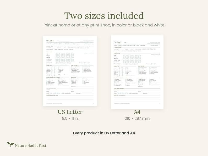 Puede incluir: Dos hojas de planificador diario imprimibles con secciones para rastrear h&aacute;bitos, comidas y tareas diarias. El texto dice Two sizes included, US Letter 8.5 x 11 in, A4 210 x 297 mm y Nature Had It First. El dise&ntilde;o es en blanco y negro sobre un fondo claro.