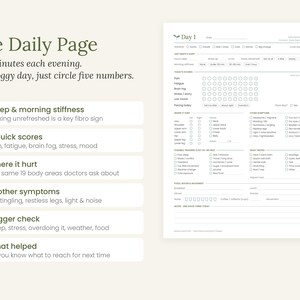 May include: A white daily tracking page with black text and green bullet points. The document includes sections for sleep, morning stiffness, pain scores, body areas, symptoms, triggers, and helpful activities to monitor daily health and wellness.