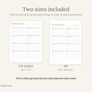 May include: Two printable grocery list templates titled Weekly Grocery List, featuring categorised sections with checkboxes and lines. One version is US Letter size at 8.5 x 11 inches, and the other is A4 size at 210 x 297 mm. Text includes Two sizes included.