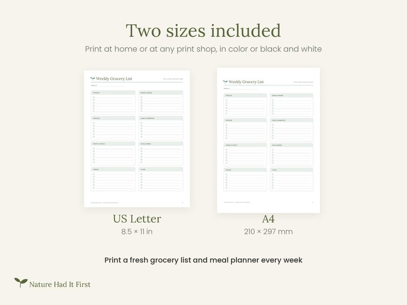 May include: Two printable grocery list templates titled Weekly Grocery List, featuring categorised sections with checkboxes and lines. One version is US Letter size at 8.5 x 11 inches, and the other is A4 size at 210 x 297 mm. Text includes Two sizes included.