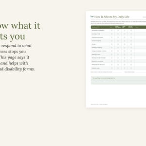 May include: A white paper form titled How It Affects My Daily Life with a dark green header and a grid for tracking daily activities. The text reads Show what it costs you, Doctors respond to what your illness stops you doing, and helps with forms.