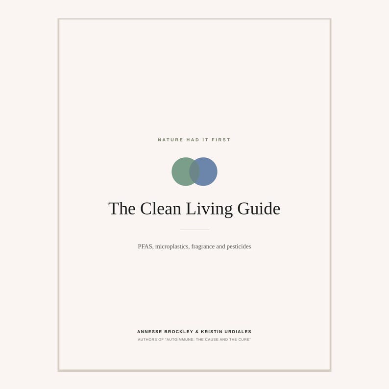 May include: A book cover titled The Clean Living Guide with the subtitle Nature Had It First. It lists PFAS, microplastics, fragrance and pesticides as topics, authored by Annesse Brockley and Kristin Urdiales, authors of Autoimmune: The Cause and the Cure.