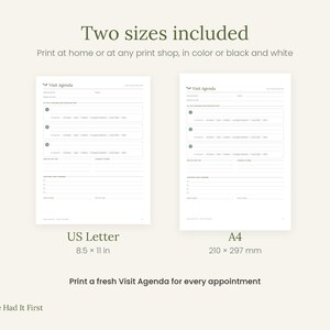 May include: Two printable Visit Agenda forms in US Letter 8.5 x 11 in and A4 210 x 297 mm sizes. The white documents feature dark text, numbered sections, and lines for appointment details. The header reads Visit Agenda and the footer includes Nature Had It First.