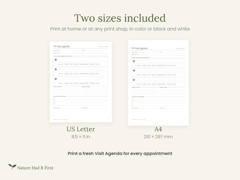 May include: Two printable Visit Agenda forms in US Letter 8.5 x 11 in and A4 210 x 297 mm sizes. The white documents feature dark text, numbered sections, and lines for appointment details. The header reads Visit Agenda and the footer includes Nature Had It First.