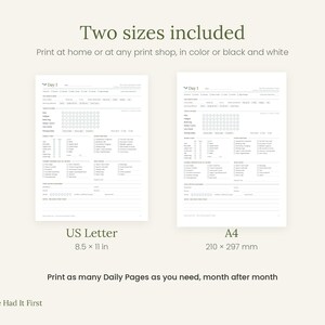 May include: Two printable daily planner pages in US Letter 8.5 x 11 in and A4 210 x 297 mm sizes. The documents feature sections for daily tracking, including checkboxes, lists, and lines for notes. Text includes Two sizes included, Print at home or at any print shop, in color or black and white, and Print as many Daily Pages as you need, month after month.