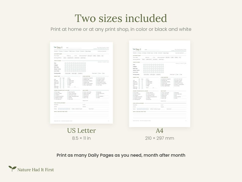 May include: Two printable daily planner pages in US Letter 8.5 x 11 in and A4 210 x 297 mm sizes. The documents feature sections for daily tracking, including checkboxes, lists, and lines for notes. Text includes Two sizes included, Print at home or at any print shop, in color or black and white, and Print as many Daily Pages as you need, month after month.