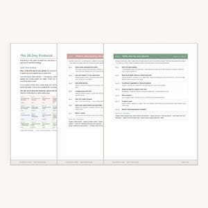 Puede incluir: Un documento de tres p&aacute;ginas titulado The 28-Day Protocol, que presenta pautas de salud estructuradas. Las p&aacute;ginas incluyen tablas, instrucciones diarias y listas de compras para una rutina de bienestar, con texto organizado en columnas.