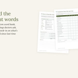 May include: Two white paper medical tracking forms with dark green headers. The text reads Find the right words, A symptom word bank, the 7 things doctors ask, and a check-in on what's changed since last time. The forms include tables for symptoms.