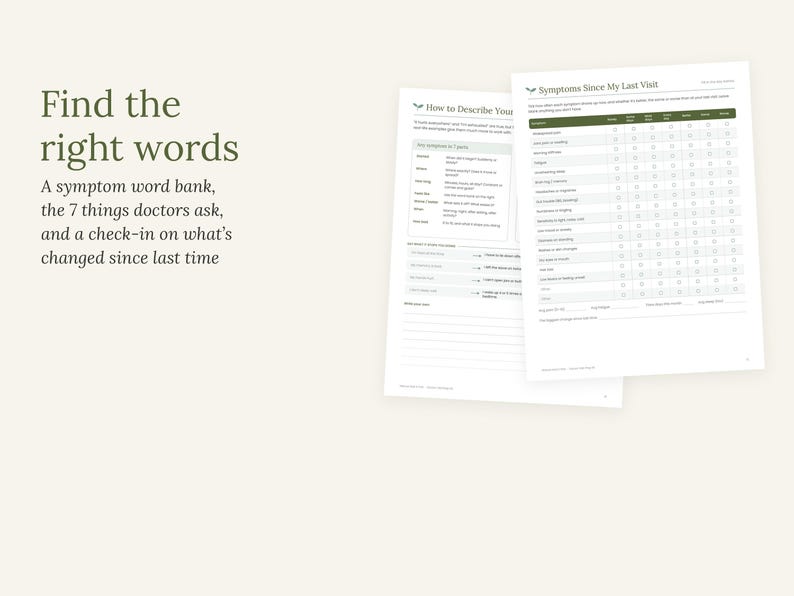 May include: Two white paper medical tracking forms with dark green headers. The text reads Find the right words, A symptom word bank, the 7 things doctors ask, and a check-in on what's changed since last time. The forms include tables for symptoms.
