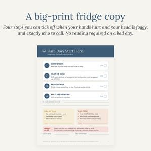 May include: A printed checklist titled A big-print fridge copy, featuring four steps for managing a flare day. The document includes sections for contact information, urgent symptoms, and appointment details, with a blue header and white background.