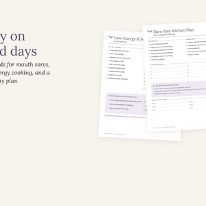 May include: Two white printed pages titled Easy on hard days, Low-Energy & Soft Foods, and Flare-Day Kitchen Plan. The documents feature lists of food suggestions, meal ideas, and a section for notes, all designed for managing low-energy days.