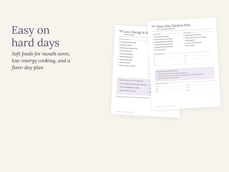 May include: Two white printed pages titled Easy on hard days, Low-Energy & Soft Foods, and Flare-Day Kitchen Plan. The documents feature lists of food suggestions, meal ideas, and a section for notes, all designed for managing low-energy days.