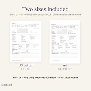 May include: Two printable daily planner pages in black and white. One page is US Letter size at 8.5 x 11 inches, and the other is A4 size at 210 x 297 mm. The text reads Two sizes included, Print at home or at any print shop, and Nature Had It First.