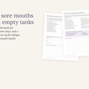 May include: Two white printed pages titled The Low-Energy Lupus Kitchen and Mouth-Sore & Low-Appetite. The text reads For sore mouths and empty tanks, Soft, mild meals for mouth-sore days, and a kitchen set up for fatigue and Raynaud's hands.